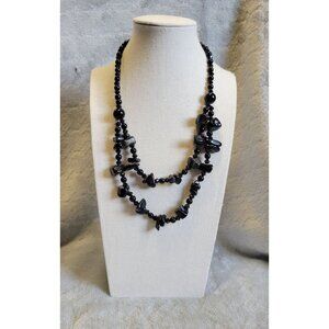 Black Agate Stone Beaded Layered 2-Strand Silver Tone Necklace N1E